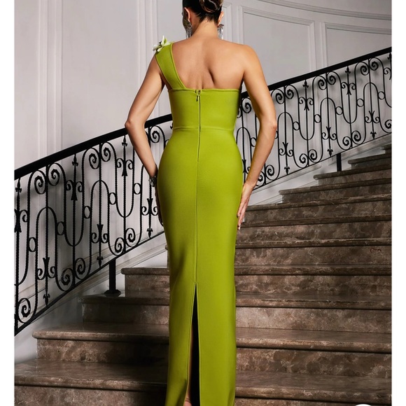 Lime Green Asymmetrical One Shoulder Embellished Maxi Dress - Picture 5 of 11